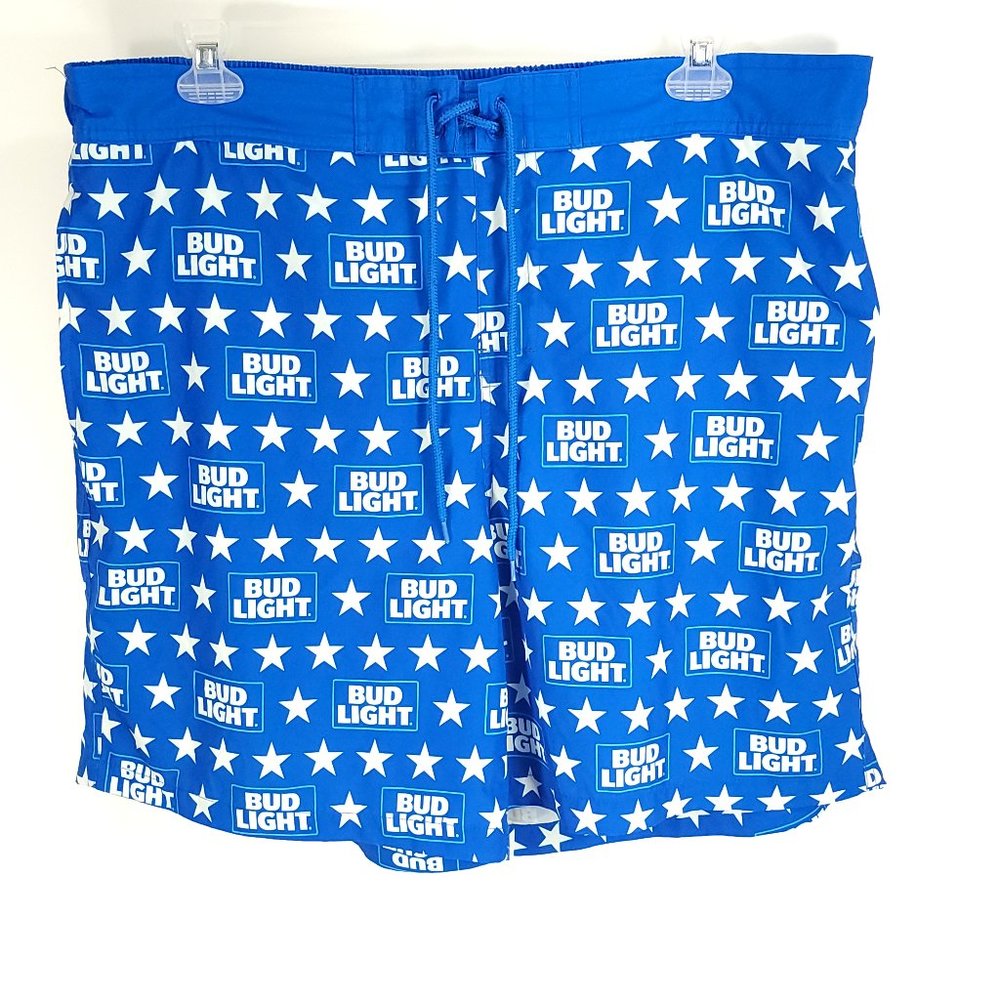 Bud Light Board Shorts Swim Trunks Men's 2XL Blue White Allover Print